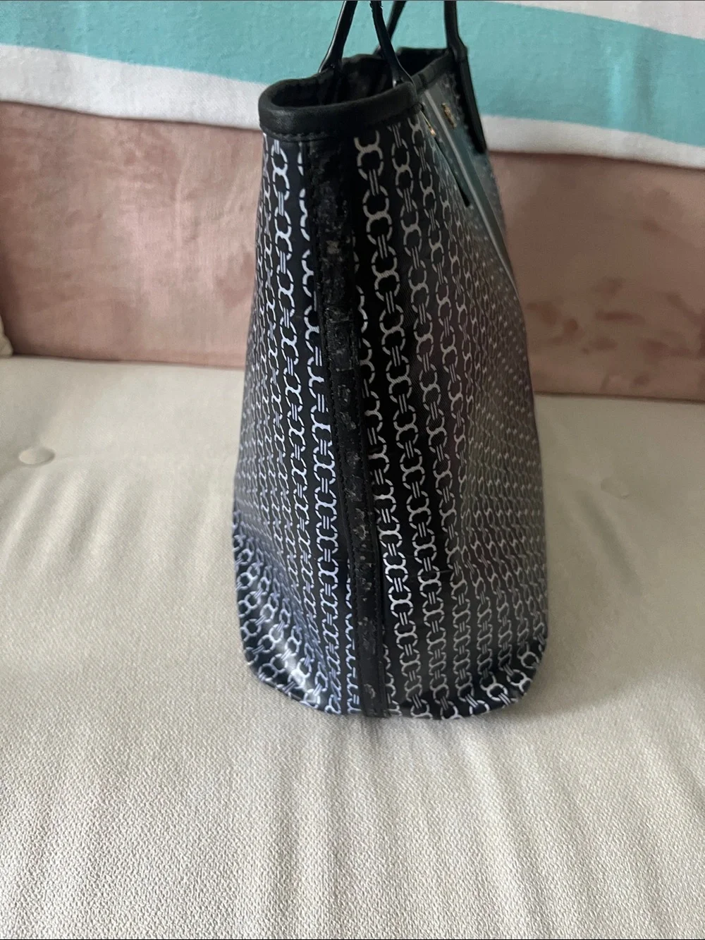 Tory Burch Black Monogram Stripe Tote with Center Plaque